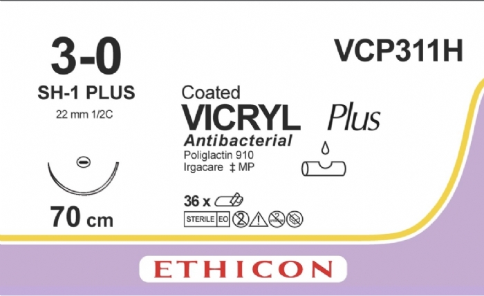 Ethicon VICRYL PLUS Polyglactin 910 Braided Absorbable Antibacterial Surgical Suture – USP 3-0 – 70 cm – Violet – Single-Armed Taper Point Plus Needle 22 mm, 1/2 Circle – VCP311H (Box of 36)