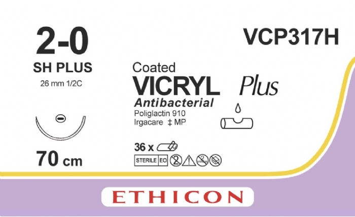 Ethicon VICRYL PLUS Polyglactin 910 Braided Absorbable Antibacterial Surgical Suture – USP 2-0 – 70 cm – Violet – Single-Armed Taper Point Plus Needle 26 mm, 1/2 Circle – VCP317H (Box of 36)