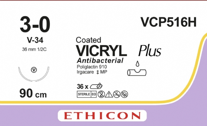 Ethicon VICRYL PLUS Polyglactin 910 Braided Absorbable Antibacterial Surgical Suture – USP 3-0 – 90 cm – Violet – Single-Armed Tapercut Needle 36 mm, 1/2 Circle – V516H (Box of 36)