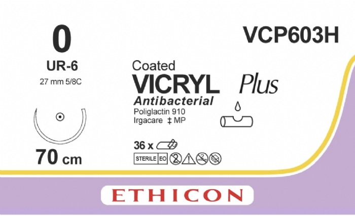 Ethicon VICRYL PLUS Polyglactin 910 Braided Absorbable Antibacterial Surgical Suture – USP 0 – 70 cm – Violet – Single-Armed Taper Point Needle 26 mm, 5/8 Circle – VCP603H (Box of 36)