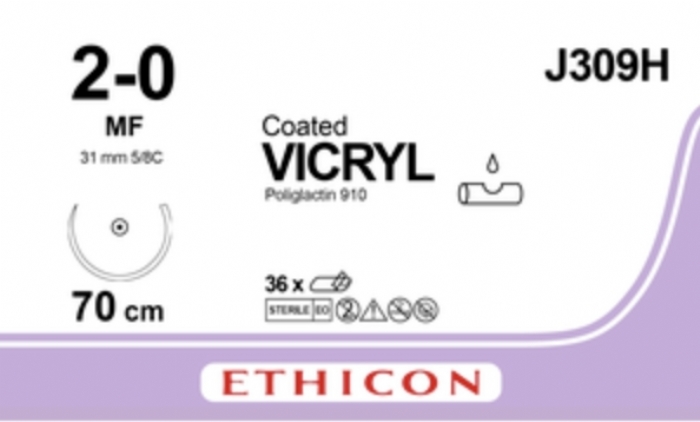 Ethicon VICRYL Coated Polyglactin 910 Braided Absorbable Surgical Suture – USP 2-0 – 27 in (70 cm) – Undyed – Single-Armed MF (Medium Force) Needle – J309H (Box of 36)