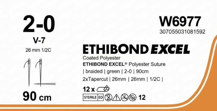 Ethicon ETHIBOND EXCEL® Braided Polyester Non-Absorbable Surgical Suture – USP 2-0 – 90 cm – Green – Double-Armed Tapercut Needles (26 mm, 1/2 Circle) – W6977 (Box of 12)