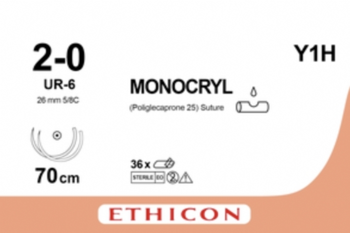 Ethicon MONOCRYL Poliglecaprone 25 Absorbable Monofilament Surgical Suture – USP 2-0 – 70 cm – Violet – Double-Armed Taperpoint Needles 26 mm – 5/8 Circle – Y1H / A1H (Box of 36)