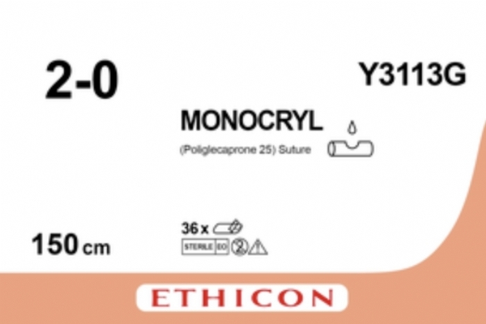 Ethicon MONOCRYL Poliglecaprone 25 Absorbable Monofilament Surgical Suture – USP 2-0 – 150 cm – Violet – Needleless (0× Needle) – Y3113G / W3113 (Box of 12)