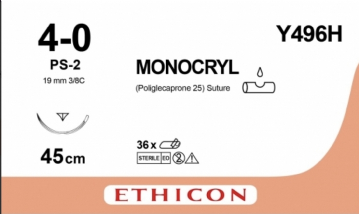 Ethicon MONOCRYL Poliglecaprone 25 Absorbable Monofilament Surgical Suture – USP 4-0 – 45 cm – Undyed – Single-Armed Reverse Cutting Prime Needle 19 mm – 3/8 Circle – Y496H (Box of 36)