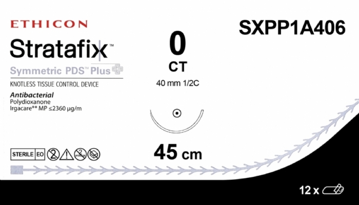 Ethicon STRATAFIX SYMMETRIC PDS Plus Antibacterial Monofilament Absorbable Surgical Suture – USP 0 – 23 cm – Violet – Tapercut Needle (36 mm, 1/2 Circle) – SXPP1A426 (Box of 12)