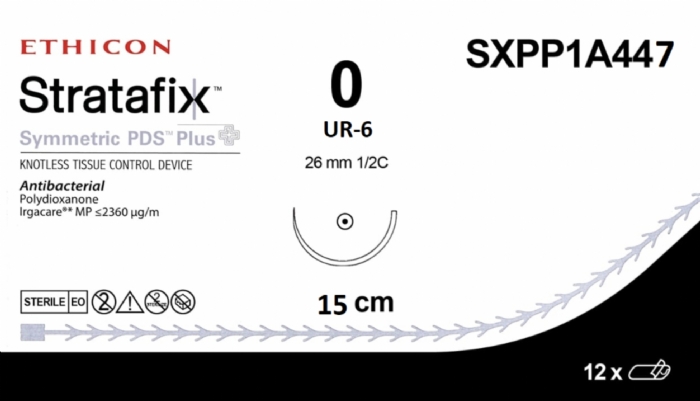 Ethicon STRATAFIX SYMMETRIC PDS Plus Antibacterial Monofilament Absorbable Surgical Suture – USP 0 – 23 cm – Violet – Taperpoint Needle (26 mm, 1/2 Circle) – SXPP1A447 (Box of 12)