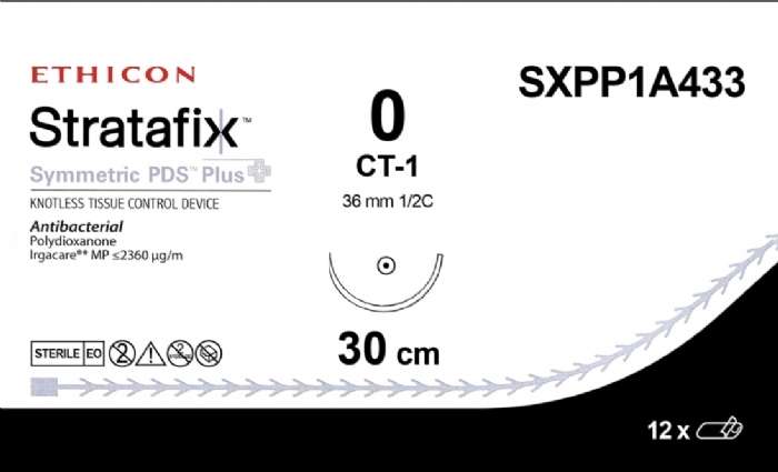 Ethicon STRATAFIX SYMMETRIC PDS Plus Antibacterial Monofilament Absorbable Surgical Suture – USP 0 – 30 cm – Violet – Taperpoint Needle (36 mm, 1/2 Circle) – SXPP1A433 (Box of 12)