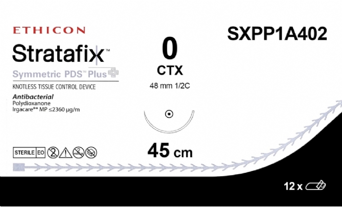 Ethicon STRATAFIX SYMMETRIC PDS Plus Antibacterial Monofilament Absorbable Surgical Suture – USP 0 – 45 cm – Violet – Taperpoint Needle (48 mm, 1/2 Circle) – SXPP1A402 (Box of 12)