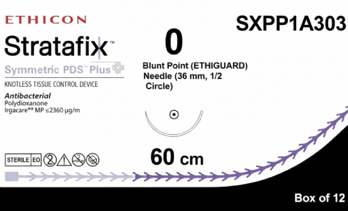 Ethicon STRATAFIX SYMMETRIC PDS Plus Antibacterial Monofilament Absorbable Surgical Suture – USP 0 – 60 cm – Violet – Blunt Point (ETHIGUARD) Needle (36 mm, 1/2 Circle) – SXPP1A303 (Box of 12)