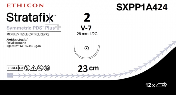 Ethicon STRATAFIX SYMMETRIC PDS Plus Antibacterial Monofilament Absorbable Surgical Suture – USP 2-0 – 23 cm – Violet – Tapercut Needle (26 mm, 1/2 Circle) – SXPP1A424 (Box of 12)