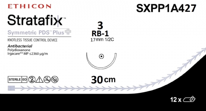 Ethicon STRATAFIX SYMMETRIC PDS Plus Antibacterial Monofilament Absorbable Surgical Suture – USP 3-0 – 30 cm – Violet – Taper Point Needle (17 mm, 1/2 Circle) – SXPP1A427 (Box of 12)