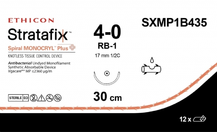 Ethicon STRATAFIX Spiral MONOCRYL Plus Antibacterial Barbed Absorbable Surgical Suture – USP 4-0 – 30cm – Undyed – 1x Taperpoint Needle (17mm, 1/2 Circle) – SXMP1B435 (Box of 12)