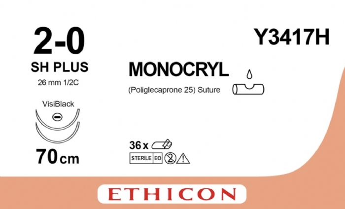 Ethicon MONOCRYL Poliglecaprone 25 Monofilament Absorbable Surgical Suture – USP 2-0 – 70 cm – Violet – Double-Armed SH Needle Plus (1/2 Circle) – Y3417H (Box of 36)