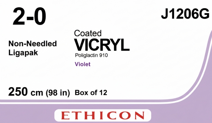 Ethicon COATED VICRYL Polyglactin 910 Braided Absorbable Surgical Suture – USP 2-0 – 250 cm (98 in) – Violet – Non-Needled Ligapak – J1206G (Box of 12)
