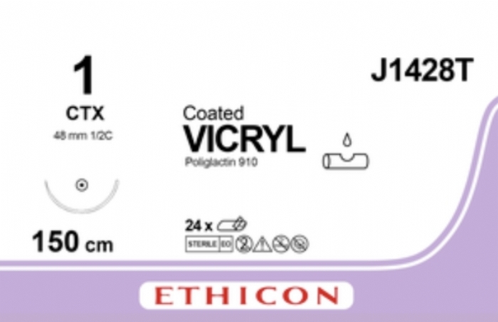 Ethicon COATED VICRYL Polyglactin 910 Braided Absorbable Surgical Suture – USP 1 – 60 in (150 cm) – Violet – Single-Armed Taper Cut CTX Needle – J1428T (Box of 24)