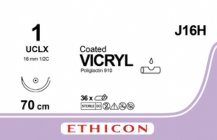Ethicon COATED VICRYL Polyglactin 910 Braided Absorbable Surgical Suture – USP 1 – 70 cm – Violet – Single-Armed Conventional Cutting UCLX Needle – J16H (Box of 36)