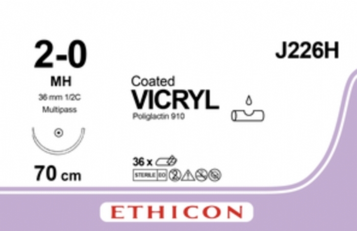 Ethicon COATED VICRYL Polyglactin 910 Braided Absorbable Surgical Suture – USP 2-0 – 70 cm – Undyed – Single-Armed Taper Point MH MP Needle – J226H (Box of 36)