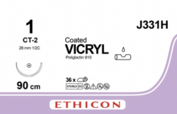 Ethicon COATED VICRYL Polyglactin 910 Braided Absorbable Surgical Suture – USP 1 – 90 cm – Violet – Single-Armed Taper Point CT-2 Needle 40 mm, 1/2 Circle – J331H (Box of 36)