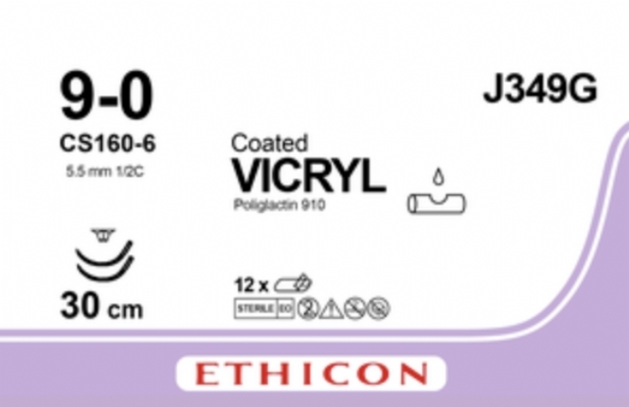 Ethicon COATED VICRYL Polyglactin 910 Braided Absorbable Surgical Suture – USP 9-0 – 30 cm – Violet – Double-Armed Spatula CS160-6 Needles 6 mm, 3/8 Circle – J349G (Box of 12)