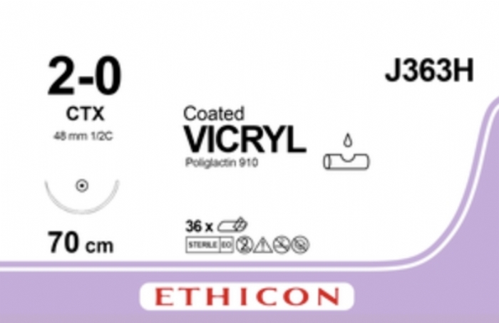 Ethicon COATED VICRYL Polyglactin 910 Braided Absorbable Surgical Suture – USP 2-0 – 70 cm – Violet – Single-Armed Taper Cut CTX Needle – J363H (Box of 36)