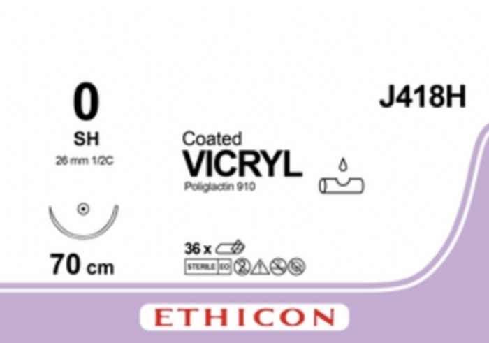 Ethicon COATED VICRYL Polyglactin 910 Braided Absorbable Surgical Suture – USP 0 – 70 cm – Undyed – Single-Armed Taper Point SH Needle 26 mm, 1/2 Circle – J418H (Box of 36)