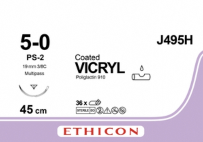 Ethicon COATED VICRYL Polyglactin 910 Braided Absorbable Surgical Suture – USP 5-0 – 45 cm – Undyed – Single-Armed Taper Point PS-2 Prime MP Needle 19 mm, 3/8 Circle – J495H (Box of 36)