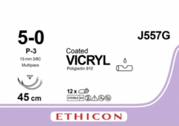 Ethicon COATED VICRYL Polyglactin 910 Braided Absorbable Surgical Suture – USP 5-0 – 45 cm – Violet – Double-Armed Taper Point G-3 Needles 13 mm, 3/8 Circle – J557G (Box of 12)