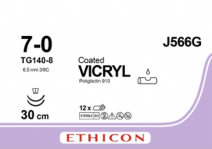 Ethicon COATED VICRYL Polyglactin 910 Braided Absorbable Surgical Suture – USP 7-0 – 30 cm – Violet – Double-Armed Taper Point TG140-8 Needles 8 mm, 3/8 Circle – J566G (Box of 12)