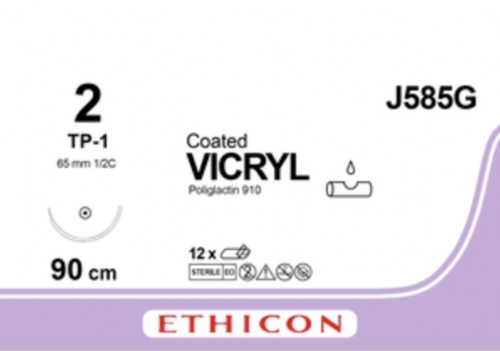 Ethicon COATED VICRYL Polyglactin 910 Braided Absorbable Surgical Suture – USP 2 – 90 cm – Violet – Single-Armed Taper Point TP-1 Needle 48 mm, 1/2 Circle – J585G (Box of 12)