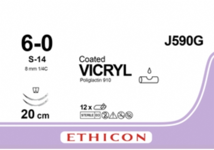 Ethicon COATED VICRYL Polyglactin 910 Braided Absorbable Surgical Suture – USP 6-0 – 20 cm – Violet – Double-Armed Taper Point S-14 Needles 13 mm, 3/8 Circle – J590G (Box of 12)