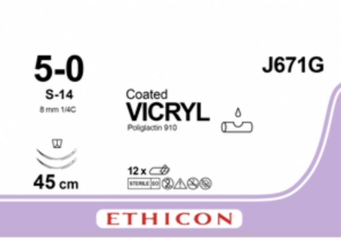 Ethicon COATED VICRYL Polyglactin 910 Braided Absorbable Surgical Suture – USP 5-0 – 45 cm – Undyed – Double-Armed Taper Point S-14 Needles 13 mm, 3/8 Circle – J671G (Box of 12)
