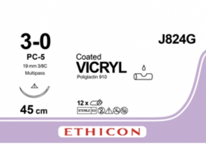 Ethicon VICRYL PLUS Polyglactin 910 Braided Absorbable Antibacterial Surgical Suture – USP 3-0 – 45 cm – Undyed – Single-Armed Reverse Cutting Prime Needle 19 mm, 3/8 Circle – J824G (Box of 36)