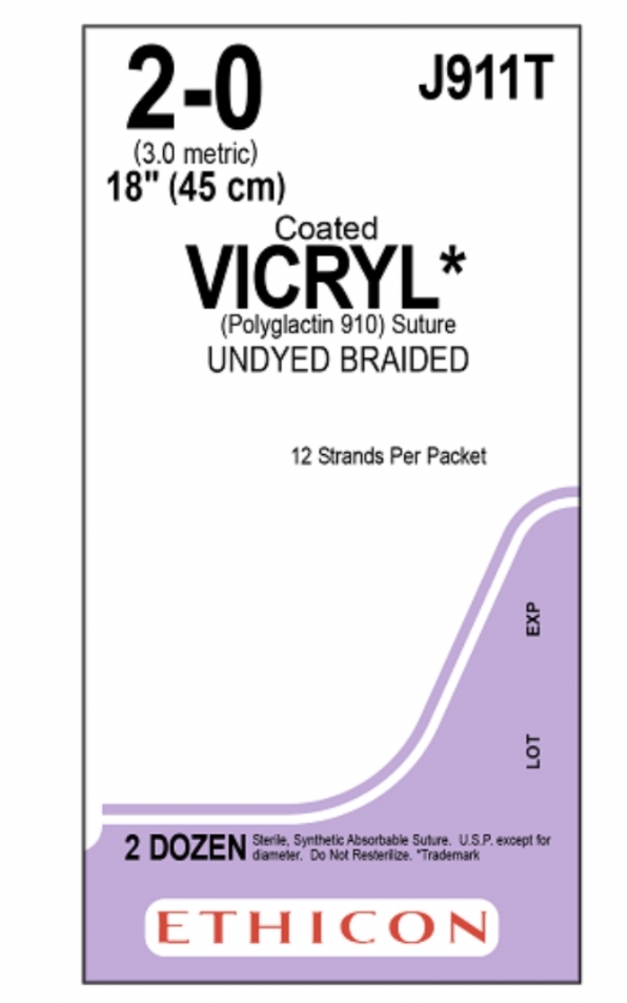 Ethicon COATED VICRYL Polyglactin 910 Braided Absorbable Surgical Suture – USP 2-0 – 45 cm (12 x 18 in) – Undyed – Non-Needled Ligature – J911T (Box of 24)