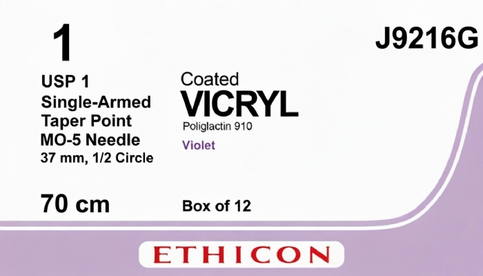 Ethicon COATED VICRYL Polyglactin 910 Braided Absorbable Surgical Suture – USP 1 – 70 cm – Violet – Single-Armed Taper Point MO-5 Needle 37 mm, 1/2 Circle – J9216G (Box of 12)