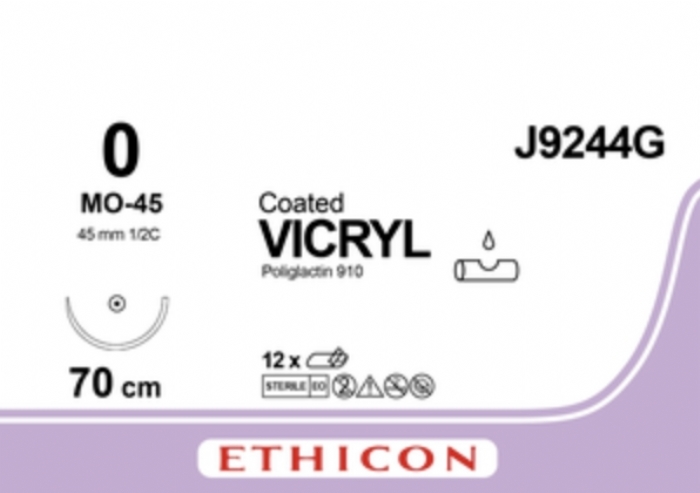 Ethicon COATED VICRYL Polyglactin 910 Braided Absorbable Surgical Suture – USP 0 – 70 cm – Violet – Single-Armed Taper Point MO-45 Needle 45 mm, 1/2 Circle – J9244G (Box of 12)