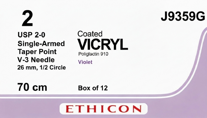Ethicon COATED VICRYL Polyglactin 910 Braided Absorbable Surgical Suture – USP 2-0 – 70 cm – Violet – Single-Armed Taper Point V-3 Needle 26 mm, 1/2 Circle – J9359G (Box of 12)
