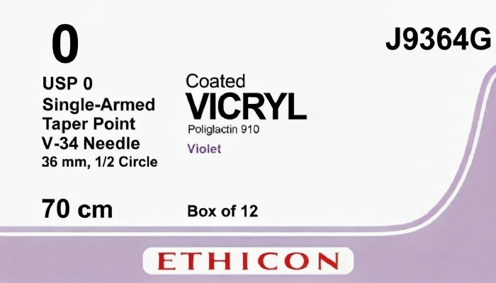 Ethicon COATED VICRYL Polyglactin 910 Braided Absorbable Surgical Suture – USP 0 – 70 cm – Violet – Single-Armed Taper Point V-34 Needle 36 mm, 1/2 Circle – J9364G (Box of 12)