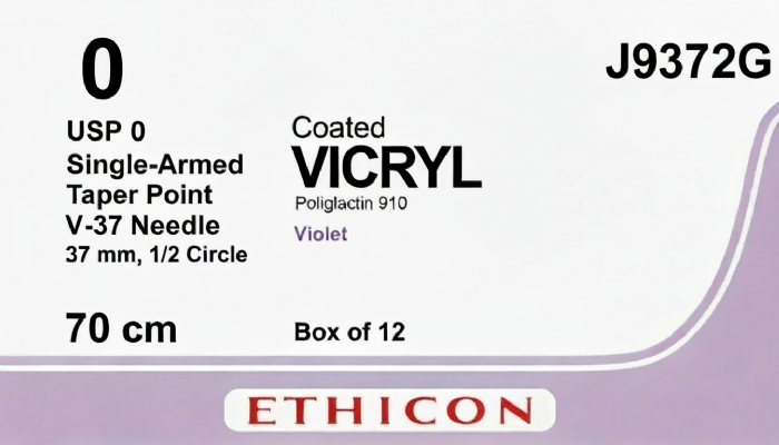 Ethicon COATED VICRYL Polyglactin 910 Braided Absorbable Surgical Suture – USP 0 – 70 cm – Violet – Single-Armed Taper Point V-37 Needle 37 mm, 1/2 Circle – J9372G (Box of 12)