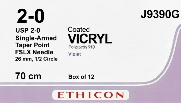 Ethicon COATED VICRYL Polyglactin 910 Braided Absorbable Surgical Suture – USP 2-0 – 70 cm – Violet – Single-Armed Taper Point FSLX Needle 26 mm, 1/2 Circle – J9390G (Box of 12)