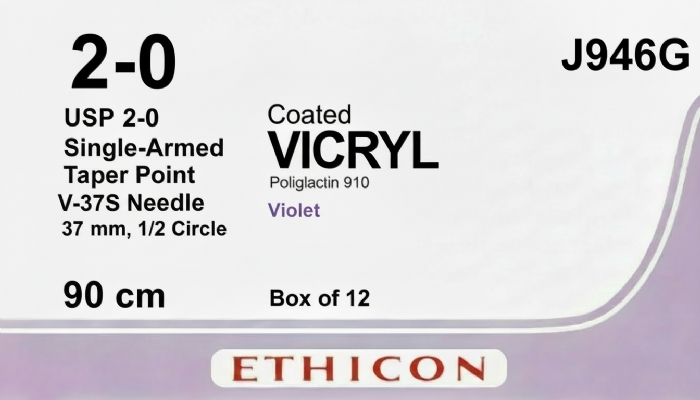 Ethicon COATED VICRYL Polyglactin 910 Braided Absorbable Surgical Suture – USP 2-0 – 90 cm – Violet – Single-Armed Taper Point V-37S Needle 37 mm, 1/2 Circle – J9466G (Box of 12)