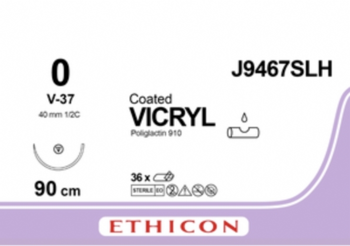 Ethicon COATED VICRYL Polyglactin 910 Braided Absorbable Surgical Suture – USP 0 – 90 cm – Violet – Single-Armed Taper Point V-37 Needle 37 mm, 1/2 Circle – J9467SLH (Box of 36)