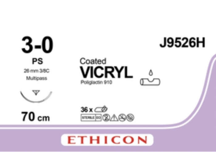 Ethicon COATED VICRYL Polyglactin 910 Braided Absorbable Surgical Suture – USP 3-0 – 70 cm – Undyed – Single-Armed Taper Point PS Needle 24 mm, 3/8 Circle – J9526H (Box of 36)