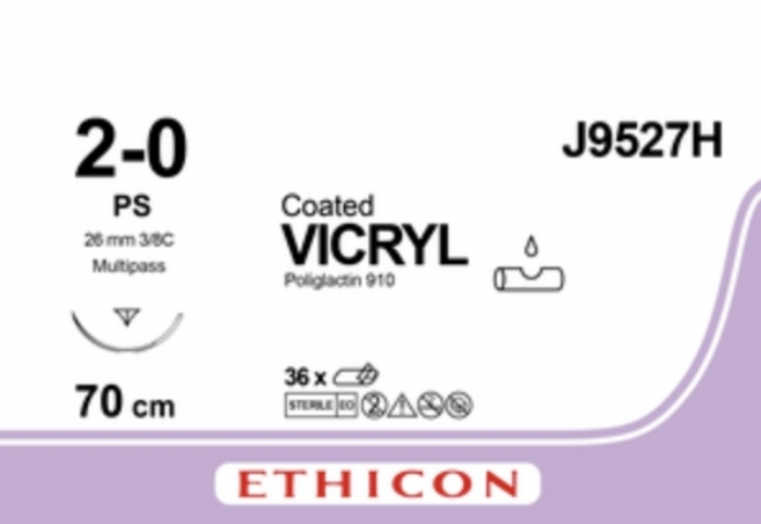 Ethicon COATED VICRYL Polyglactin 910 Braided Absorbable Surgical Suture – USP 2-0 – 70 cm – Undyed – Single-Armed Taper Point PS PRIME MP Needle 24 mm, 3/8 Circle – J9527H (Box of 36)