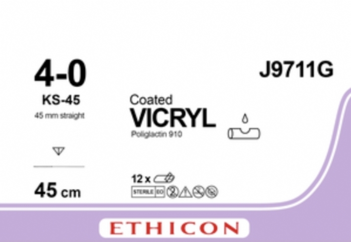 Ethicon COATED VICRYL Polyglactin 910 Braided Absorbable Surgical Suture – USP 4-0 – 45 cm – Undyed – Single-Armed Taper Point KS-45 Needle 45 mm, 1/2 Circle – J9711G (Box of 12)