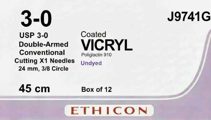 Ethicon COATED VICRYL Polyglactin 910 Braided Absorbable Surgical Suture – USP 3-0 – 45 cm – Undyed – Double-Armed Conventional Cutting X-1 Needles 24 mm, 3/8 Circle – J9741G (Box of 12)
