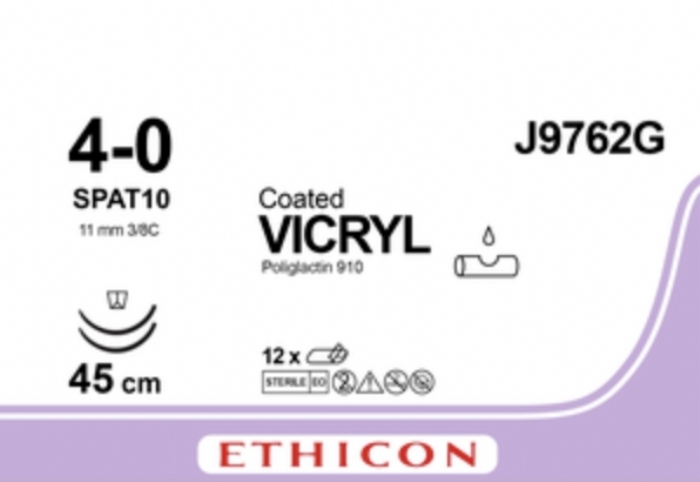 Ethicon COATED VICRYL Polyglactin 910 Braided Absorbable Surgical Suture – USP 4-0 – 45 cm – Undyed – Double-Armed Spatula SPAT-10 Needles 10 mm, 1/2 Circle – J9762G (Box of 12)
