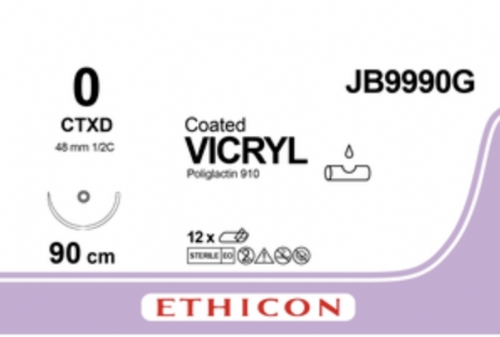 Ethicon COATED VICRYL Polyglactin 910 Braided Absorbable Surgical Suture – USP 0 – 90 cm – Violet – Single-Armed Taper Cut CTXD Needle 40 mm, 1/2 Circle – JB9990G (Box of 12)