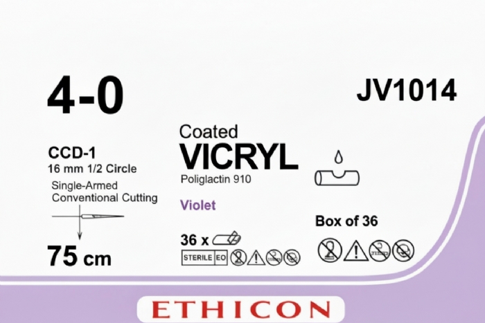 Ethicon VICRYL Polyglactin 910 Braided Absorbable Surgical Suture – USP 4-0 – 75 cm – Violet – Single-Armed Conventional Cutting CC-1 Needle 13 mm, 3/8 Circle – JV1014 (Box of 36)