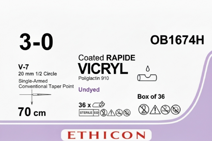 Ethicon VICRYL RAPIDE Polyglactin 910 Braided Rapidly Absorbable Surgical Suture – USP 3-0 – 70 cm – Undyed – Single-Armed Taper Point V-7 Needle 20 mm, 1/2 Circle – OB1674H (Box of 36)